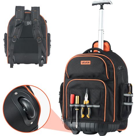 Sac à Dos à Roulettes, Charge 50 kg, Sac à Outils, 44 x 25 x 48 cm, avec 45 Poches, Poignée Télescopique, Base Stable, Organisateur à Outils Robuste, pour Électriciens, Plombiers, Mécaniciens (1/5)