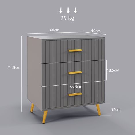 Commode moderne à 3 tiroirs en bois et aluminium, 60x40x71,5 cm, couleur or et gris foncé. (1/5)