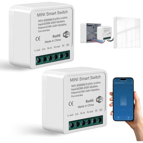 Lot de 2 modules d'interrupteur intelligents 1 voie compatibles avec Smart Life - Mini modules DIY - Interrupteur intelligent WiFi - Compatible avec Tuya (1/5)