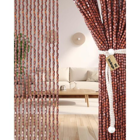 Rideau en perles en bois [90 x 200 cm, 90 brins], fait à la main, paravent anti-insectes, séparateur de pièce, balcon, porte (1/5)