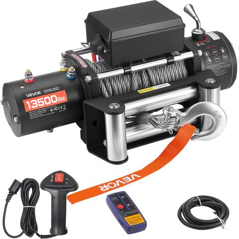 VEVOR Verricello Elettrico, Carico 6100 kg, per Camion 12 V CC con Fune in Acciaio Φ9,5 mm x 24 m, Telecomando Wireless e Cablato, IP55 Impermeabile per il Traino di SUV, Jeep, Rimorchi, Barche