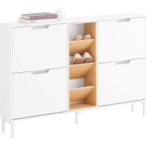 Sobuy – Meuble à chaussures avec 4 abattants et 3 compartiments ouverts – Dimensions L126xP19xH85cm – MDF et bambou – FSR183WN (1/5)