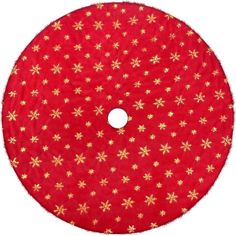 Jupe de sapin de Noël en fausse fourrure, 122 cm, tapis de sapin rouge avec flocons de neige dorés brodés pour Noël, hiver, Nouvel An, décorations d'intérieur (1/4)