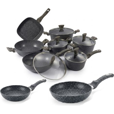 Batteria di Pentole Induzione in Alluminio Pressofuso 3mm Effetto Pietra 14 PZ  Grigio Granitato con Casseruole Wok Bistecchiera Tegame padelle per una Cucina Sana e Senza Grassi (1/5)