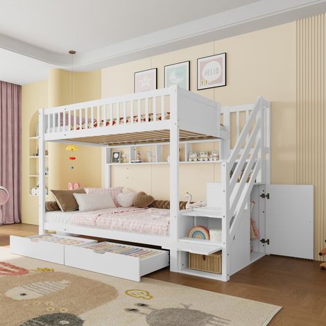 Lit superposé moderne en pin blanc 90x200 cm avec escalier rangement, armoire, étagères et 2 tiroirs (1/5)