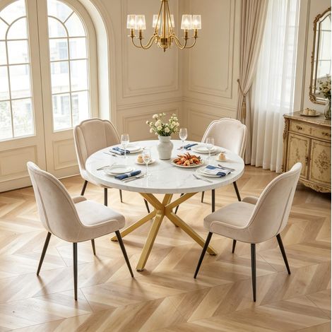 Table à manger ronde Ø 100 cm effet marbre avec piètement en acier doré (1/5)