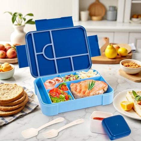 Bento-Lunchbox, 1330 ml, auslaufsicher für Erwachsene, Lebensmittelbehälter mit 6 Fächern und Besteckset, BPA-freie Snackbox für Büro, mikrowellengeeignet, spülmaschinenfest