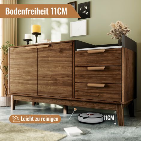 Commode de salon en chêne avec plateau effet marbre - Étagère ouverte + 3 tiroirs et placard à double porte (hauteur réglable à l'intérieur) - Pieds en bois massif - Compatible avec les aspirateurs ro (1/5)