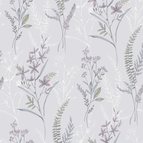 Botanical Floral Mauve Grey Wallpaper Meadow Design Nature Pattern (1/4)