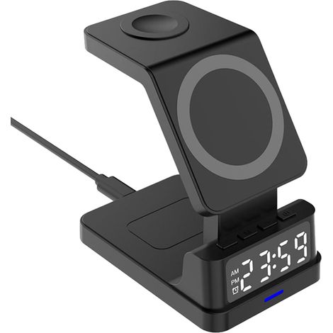 Réveil numérique - Station de charge de téléphone, Compact et espace-saving, Support de charge avec affichage de l'heure, Station de charge rapide, pour école, voyage, bureau, domicile, Noir