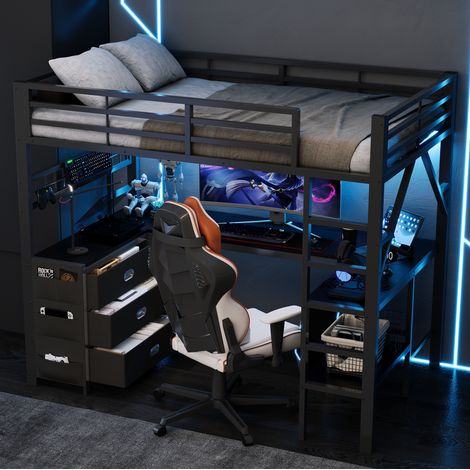 Letto a soppalco in metallo 90 x 200 cm con scrivania, 3 cassetti, LED e vani, nero (1/5)