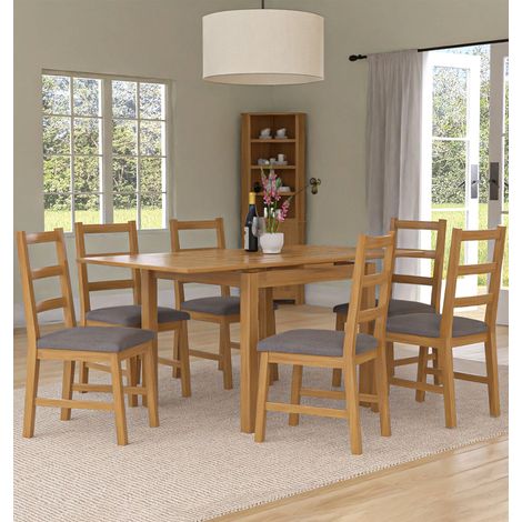 Hallowood Furniture Waverly Oak Extendable Dining Table and Chairs Set 6, Rectangular Small Kitchen Table and Chairs with Ladder Back and Grey Fabric Padded Seats for Home and Café (1/5)