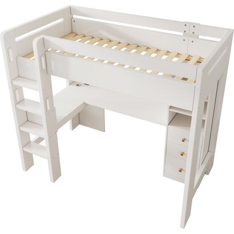 Letto a soppalco Letto Singolo con Scrivania a L, 3 Ripiani, 3 Cassetti e USB e Tipo C, 90 x 200 cm, senza Materasso (1/5)