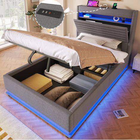 Letto imbottito 90x200 cm grigio in lino con contenitore idraulico, LED e porte USB/Type-C (1/5)