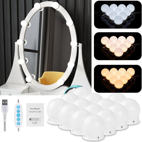 QAZQA Lumière de Miroir,Lampe Miroir Maquillage de Style Hollywood Avec Interrupteur et 14 Ampoules à Intensité Variable,5 Modes de Couleur et 6 Niveaux de Luminosité(Miroir et Chargeur non Inclus)