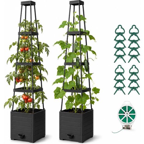Lot de 2 Jardinières Surélevées avec Treillis 145 cm, Pots à Tomates Auto-Arrosants, Bacs de Plantation Noirs pour Plantes Grimpantes, Légumes, Fleurs, Jardin, Balcon et Terrasse (1/5)