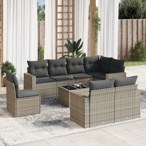Salon de jardin 9 pcs résine tressée modulable avec coffres de rangement et coussins gris - PANGIVO (1/3)