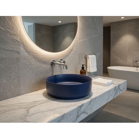 Lavabo tondo da appoggio senza troppo pieno in ceramica senza foro rubinetto - Blu Opaco