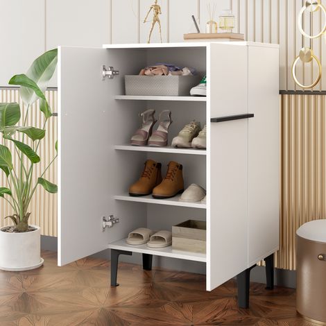 Scarpiera in truciolare bianco e nero, 2 ante, ripiani regolabili, 60 x 34,5 x 95 cm
