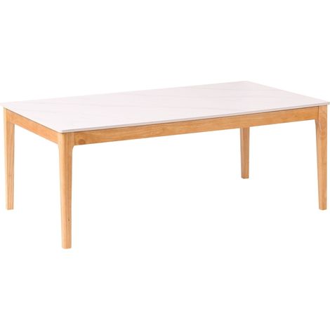 Tavolino da Caffè Moderno Rettangolare con Piano in Ceramica Effetto Marmo Bianco e Struttura in Legno di Caucciù Marrone Chiaro Bonney (1/5)