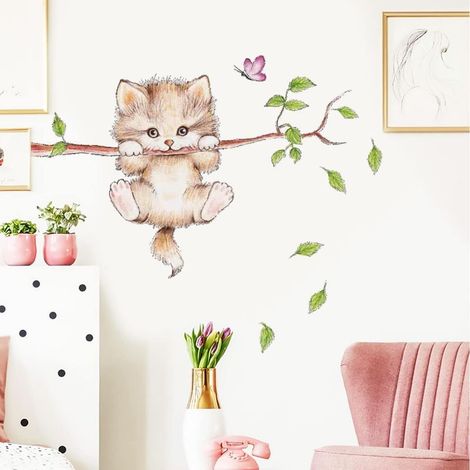 Stickers Muraux Enfants CHAT MIGNON (70x50 cm) I autocollants animaux forêt Arbre branche fleurs I sticker mural pour chambre d'enfant bébé garçon fille (1/5)