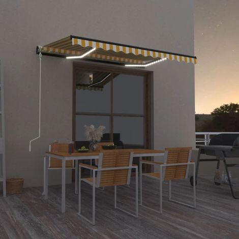 Auvent automatique capteur de vent/LED,Marquise d'entrée, Anti-UV 350x250cm Jaune et blanc -FR63855 (1/5)