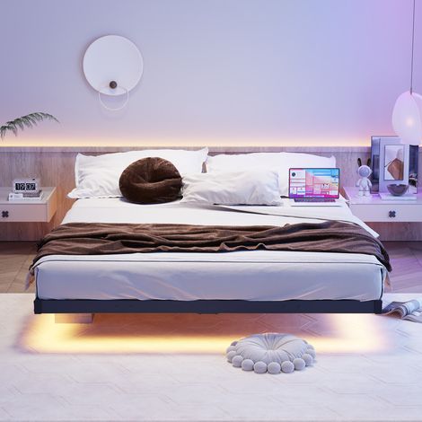 Cadre lit flottant 140 x 190cm noir, LED et station recharge, base lattes métal robuste, stable, montage facile sans sommier (1/5)