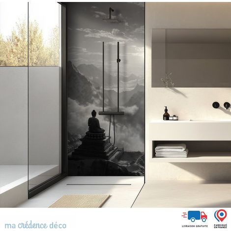 Panneau de douche : Bouddha et montagnes lointaines - Couleur Gris platine - Alu composite - 100 - 245 (1/3)