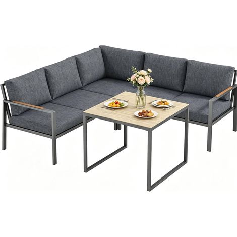 Set divano angolare da esterno grigio scuro con tavolino in vetro, MODENUIT (1/5)