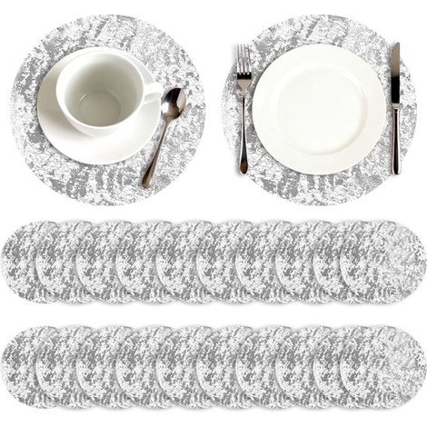 Sets de table 33 x 33 cm, lot de 20, sets de table ronds en maille métallique, sets de table pailletés en maille métallique pour mariages et anniversaires (1/5)