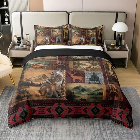 Housse de couette 100 % coton - Motif cerf et loup - 155 x 220 cm - Style bohème, ethnique - Pour enfants, garçons, filles, adolescents - Patchwork vintage - Motif : forêt, jungle, animal sauvage (1/5)