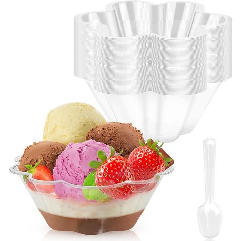 Verre à Dessert - 60 Pièces - Plastique Transparent - Forme Fleur - 240ml - Avec Cuillère (1/5)