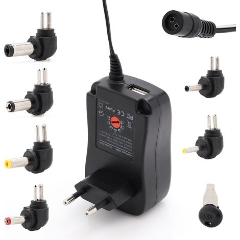 Alimentatore universale con tensione di uscita regolabile 3V 4.5V 5V 6V 7.5V 9V 12V e punte sostituibili.