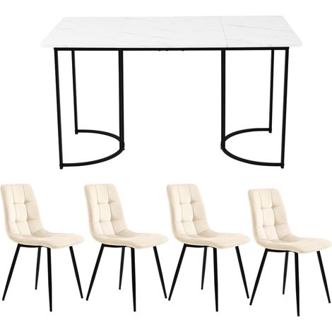 Conjunto de comedor 5 piezas mesa 140 x 80 cm con 4 sillas de terciopelo blanco y patas negras (1/5)
