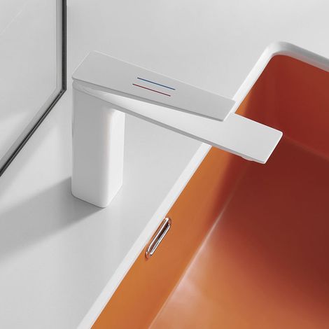 Robinet de salle de bains, robinet de lavabo à poignée unique et à un trou, bec extra-long, adapté aux lavabos et éviers de salle de bains, blanc (1/5)