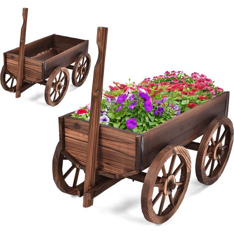 Carriola portafiori in legno di abete robusta e decorativa 120 x 43 x 53,5 cm con ruote per uso in giardino marrone 200019976