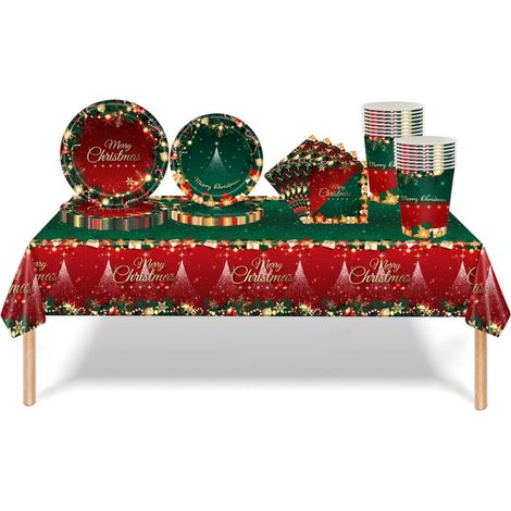 69 Pièces Noël Vaisselle de Fête,Assiettes Carton Jetable Tasses Serviettes en Papier et Nappe Plastique,Rouge Vert Vaisselle Recyclable Kit Decoration Célébrer Noël Fournitures de Fêtes (1/5)