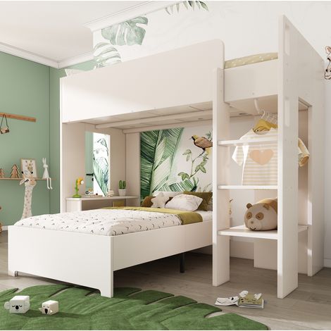 REDOM Hochbett 205x108x166 cm, mit abnehmbarem Einzelbett, Schreibtisch, Kleiderschrank und Regalen, Holz, Weiß (1/5)