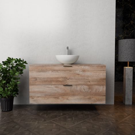 Inda - Badezimmerschrank B.120 mit Aufsatzwaschbecken / Natureiche 2 Schubladen - Topazio