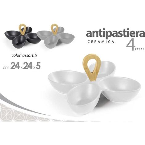 Antipastiera Vassoio in Ceramica con Manico in Legno 4 Scomparti 24 cm 3 Colori (1/2)