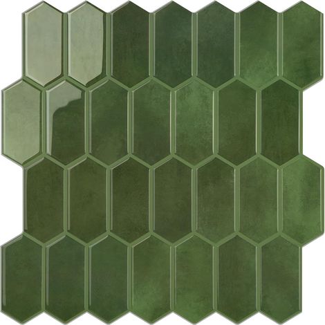 Carreaux Hexagonaux Longs À Décoller Et Coller Pour Cuisine, 10 Feuilles De Carreaux Muraux Auto-adhésifs 3D, Autocollants Pour Carrelage Vert Pour Cuisine Et Salle De Bain 30,5x30,5 cm (1/5)