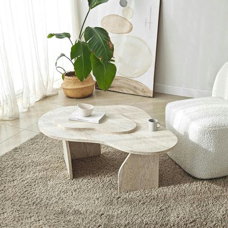 Table basse design organique effet travertin 2 plateaux MARFA (1/5)
