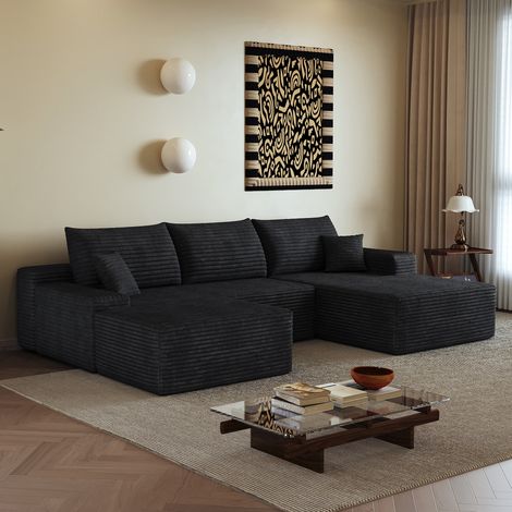 Sofá de esquina modular 270 cm con chaise longue en L, tela acanalada negra, sin montaje (1/5)