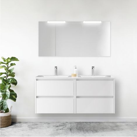 Mueble de baño suspendido de 120 cm en madera blanca brillo con lavabo incorporado - Nova - Con espejo y doble lámpara LED (1/5)