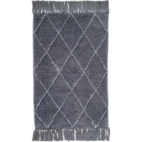 Tapis de bain 50 x 90 cm coton gris style berbère à franges - FLUFFY (1/5)