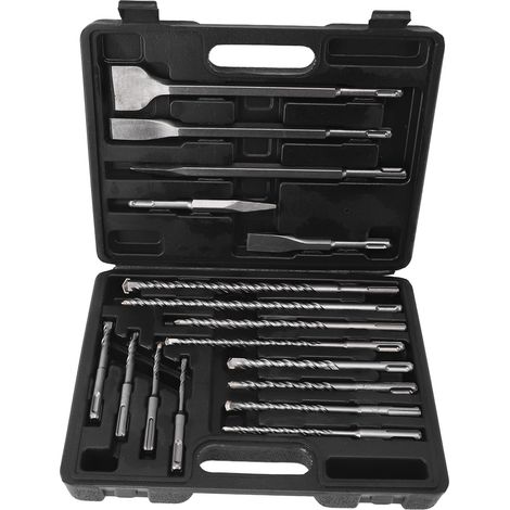 [JAMAIS UTILISÉ]Coffret de 17 pièces pour marteau perforateur électrique (forets et burins) pour carrelage et béton, avec boîte. (1/5)