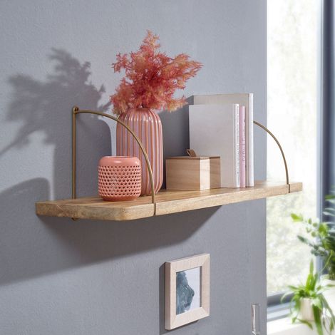 Etagère murale 80x22x25 cm en manguier et fer doré (1/5)