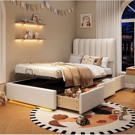 MEUBLIV Cama con almacenaje 90x200 cm beige – hidráulica, LED y 3 cajones, sin colchón (1/5)