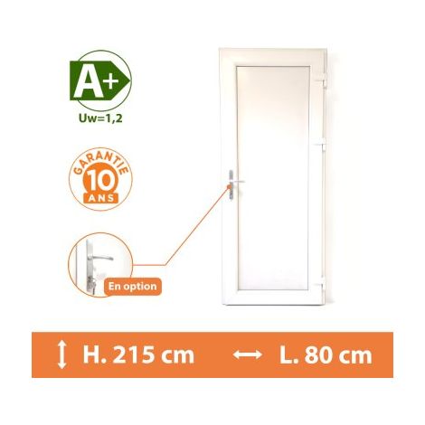 Direct Fenêtres – Porte de service PVC blanche – Tirant droit – H.215 x l.80 cm – Isolation thermique A – Seuil aluminium PMR – 10 ans de garantie (1/5)