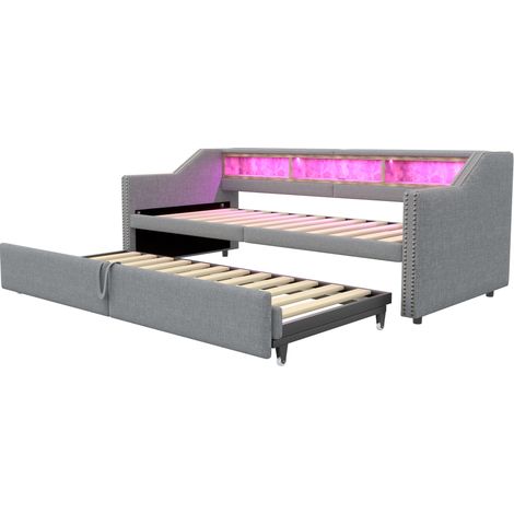 Sofá cama nido tapizado 90/180 x 200 cm con LED USB y almacenamiento gris claro HOMVRA (1/5)